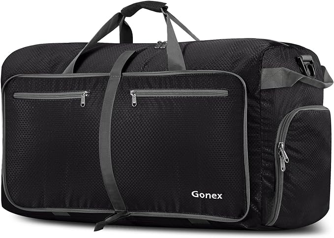 Gonex 150L Foldable Travel Duffle Bag with Shoe Compartment, Lightweight | 210D Nylon, Water-Repellent, Folds Compact, Multiple Pockets, Luggage Sleeve, Family Travel & Camping, Black by Gonex