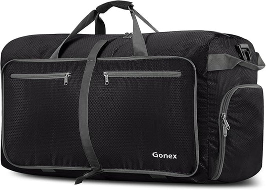 Gonex 100L Foldable Travel Duffle Bag with Shoe Compartment, Lightweight | 210D Nylon, Water-Repellent, Folds Compact, Multiple Pockets, Luggage Sleeve,Family Travel & Camping, Black by Gonex