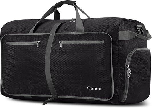 Gonex Foldable Travel Duffle Bag, Lightweight with Shoe Compartment | 210D Nylon, Water-Repellent, Folds Compact, Multiple Pockets, Luggage Sleeve, Travel & Weekend Use, 40L, Black by Gonex