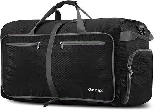 Gonex 80L Foldable Travel Duffle Bag with Shoe Compartment, Lightweight | 210D Nylon, Water-Repellent, Folds Compact, Multiple Pockets, Luggage Sleeve, Weekend Trips & Camping, Black by Gonex