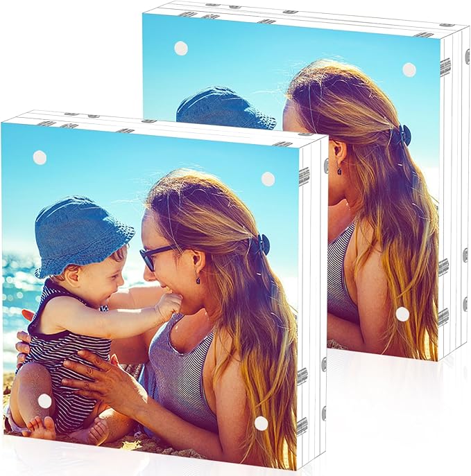 HELPLEX Acrylic Frame, 2 Pack 6x6 Acrylic Picture Frames, 24mm Thicker Square Frameless Clear Double Sided Magnetic Frame, Free Standing Desktop Display by HELPLEX