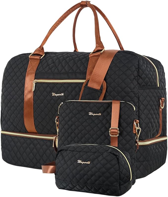 3PCS Weekender Bags for Women Large Overnight Bag, Black | Weekender Travel Duffel Bags Carry on Shoulder with Shoe Compartment Toiletry Bag Satchel Bag for Travelling Business Gym by Wogarl