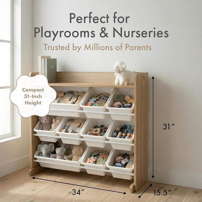 Humble Crew Kids Toy Organizer with Display Shelf, 9 Bins, 3 Tier Storage | Sturdy wood and steel toddler shelf, removable BPA-free containers, wall anchor anti-tip safety kit for bedroom or classroom - Image 2