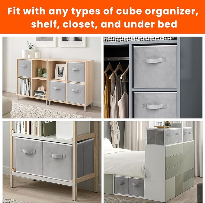 Large Storage Cubes - 13 Inch Heavy Duty Fabric Storage Bins for Shelves Closet, Cube Organizer - 8 Pack Collapsible Cube Storage Bins Baskets for Organizing Clothes Blankets Toys (Grey) - Image 6