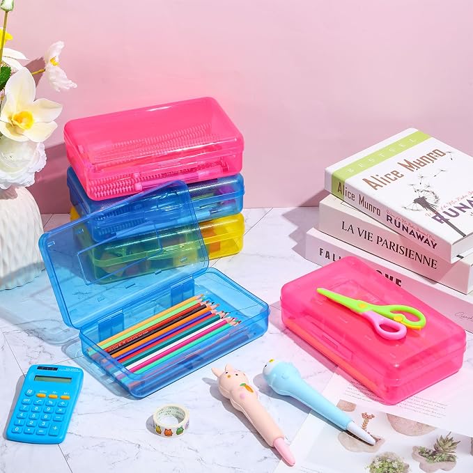 Patelai 30 Pcs Large Capacity Pencil Case Bulk Clear Hard Plastic Pencil Box Organizer with Snap Tight Lid Stackable Crayon Storage Box for Kids School Classroom Home Office 2 Style (Pink Yellow Blue) - Image 5