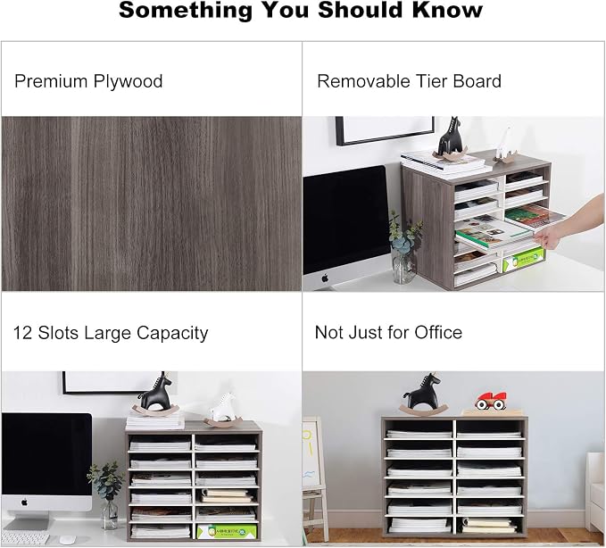 TQVAI Wood Literature Organizer, 12 Slots Hold 6000 Sheets A4 Papers, Wooden Desk Paper File Storage Organizer with Adjustable Shelves, Mailbox Cubbies for Office Home Classroom, Retro Grey/White - Image 4