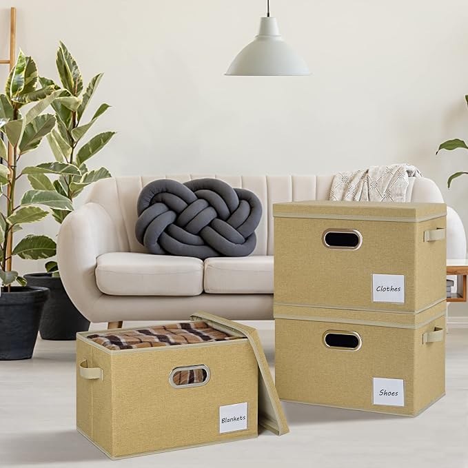 LHZK Extra Large Storage Bins with Lids 6 Pack, Foldable Linen Fabric Storage Boxes with Lids, Sturdy Fabric Storage Bins with Label & 3 Handles for Shelves Bedroom Home Office (Beige, Extra Large) - Image 5