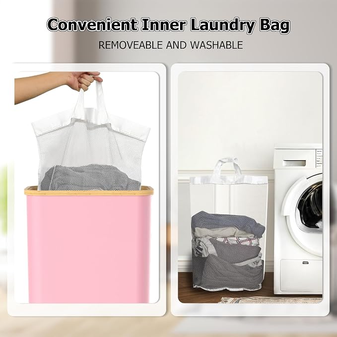 Slim Laundry Hamper with Lid, 60L Laundry Basket with Handles, Skinny Narrow Collapsible Dirty Clothes Hamper with Removable Laundry Bag for Bathroom Bedroom Dorm Clothes Toys Towels (Pink, 2 Pack) - Image 6