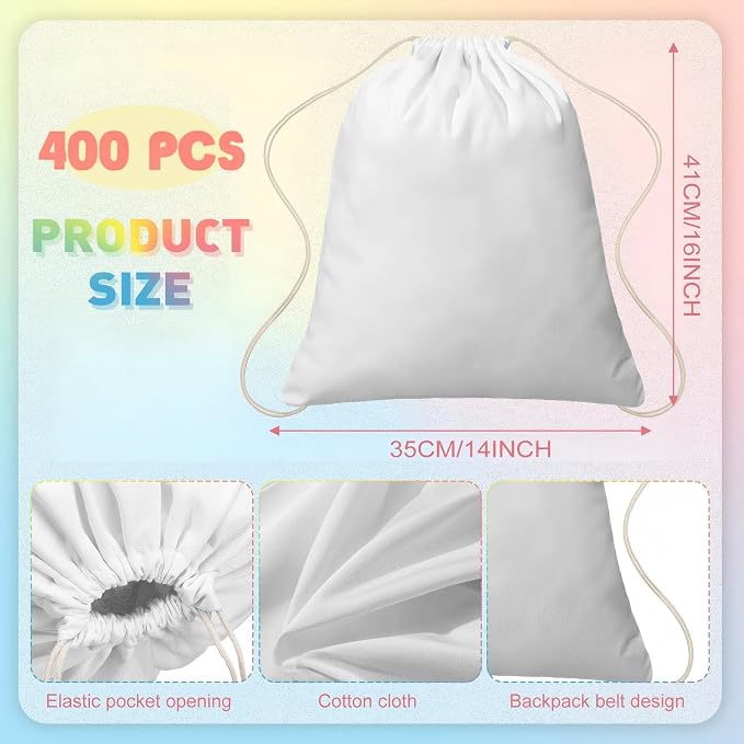 400 Pcs Tie Dye Cotton Drawstring Bags Bulk, 14"x16" | Blank White Cotton for Sublimation, DIY Party Activities. Bulk Drawstring Backpacks for School Groups, Camps, Crafts - Image 2