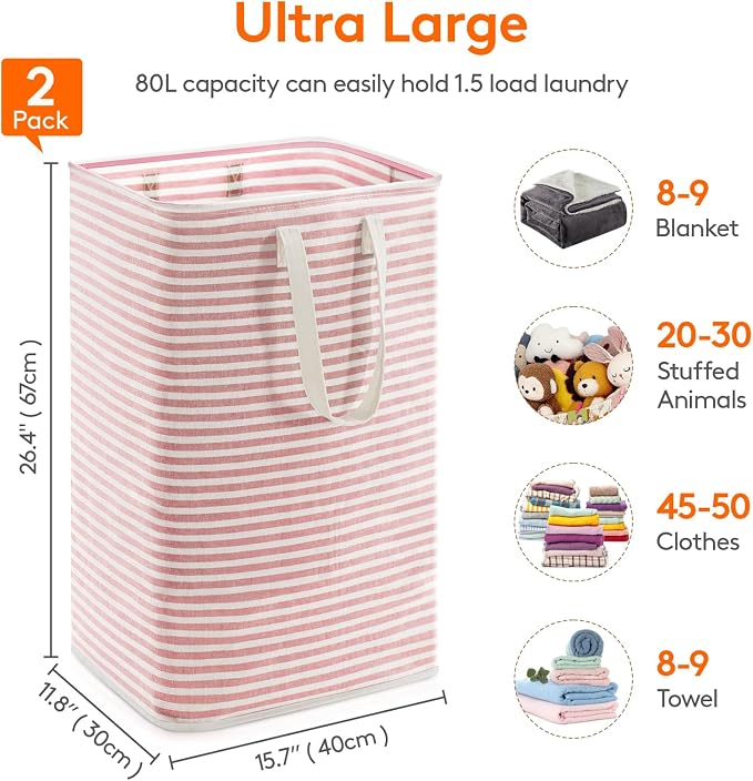 Lifewit 2 Pack Laundry Basket 80L Each, Collapsible Clothes Hamper with Reinforced Handles, Freestanding Waterproof Design for Bedroom and Laundry Room, Pink&Blue 160L Total - Image 4