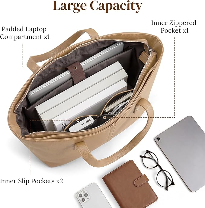 S-ZONE Tote Bag for Women Work Purses Handbags Luggage Strap Large Travel | Padded Laptop Compartment, Multi Pockets, Vegan Leather, Bottom Metal Rivet, Commuting Office Teacher - Image 6