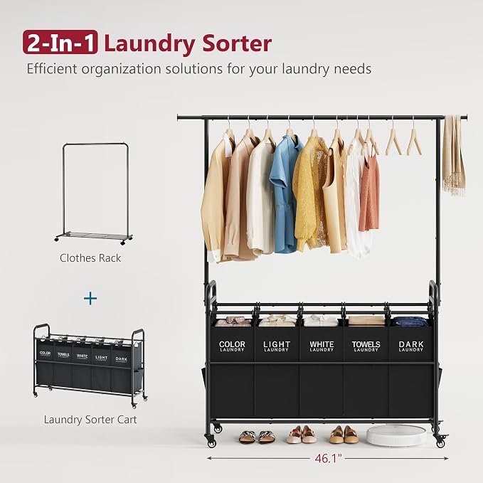 Laundry Sorter with Hanging Rack, 5 Section Laundry Sorter, Black | 246L Laundry Hamper with Removable Bag and Extended Side Bars, Rolling Laundry Sorter Cart for Bedroom, Laundry Room - Image 3