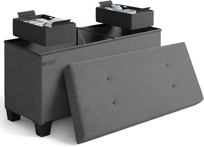 Storage Ottoman Bench with Bins, 30-in Storage Bench for Bedroom End of Bed, Folding Foot Rest Ottoman for Living Room Max 660lbs, Fabric Ottomans, Grey by STORAGEBUD