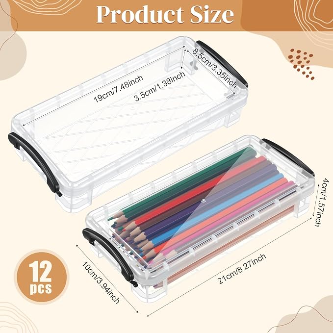 Gueevin 12 Pcs Large Capacity Plastic Pencil Box Clear Plastic Pencil Case Crayon Box with Snap Tight Lid Watercolor Pen Storage Brush Organizer Drawing Tools Container (Grey) - Image 2