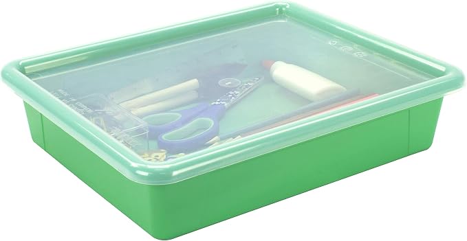 Storex Letter Size Flat Storage Tray – Organizer Bin with Non-Snap Lid for Classroom, Office and Home, Green, 5-Pack (62539U05C) - Image 9