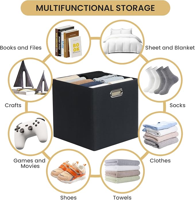 13x13 Storage Cubes Basket Containers for Shelf Cabinet Bookcase Boxes | Foldable Fabric Cube Storage Boxes with 2 Handles, Ideal for Shelves, Closets, and Clothes, Set of 4 (Pure Black-1200D) - Image 5
