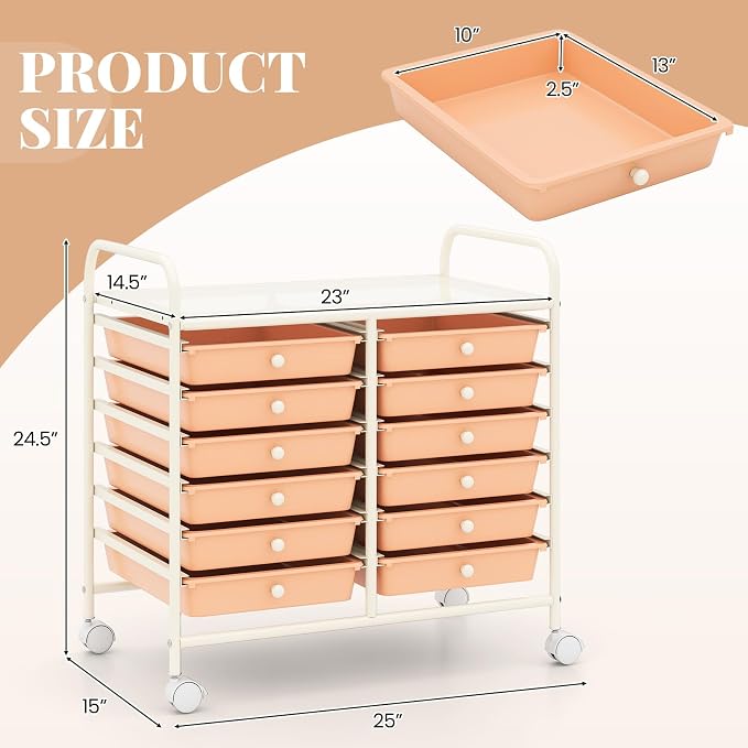 RELAX4LIFE 12-Drawer Rolling Storage Cart - Mobile Utility Cart on Wheels for School Classroom Teacher Office Salon, Paper File Art Supply Craft Organizer, Rolling Cart with Drawers (Pink) - Image 3