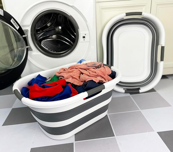 SAMMART 40L (10.5 gallon) Set of 2 Plastic Foldable Laundry Basket - Collapsible, Space Saving and Portable Laundry Hamper, Ideal for Home, Travel, Dorm, and Camping (2, White/Steel Gray) - Image 2