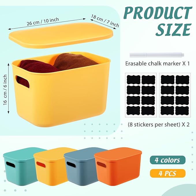 8 Pcs Plastic Storage Bins Stackable Baskets with Lid and Handle Colorful Desktop Storage Box Cubby Containers for Shelf Bedroom Office, Include 1 Erasable Marker, 16 Stickers (10 x 7 x 6 In) - Image 2