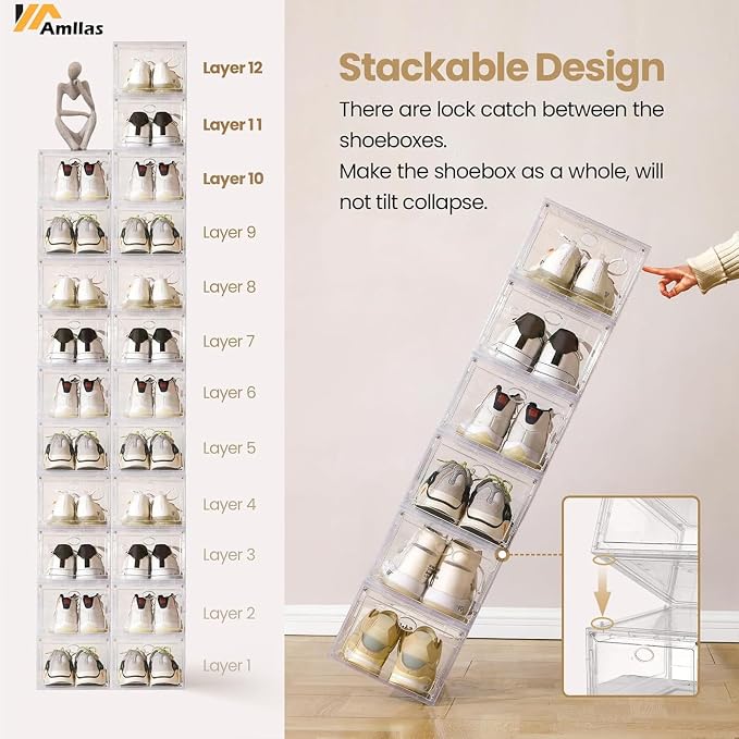 12 Pack Clear Shoe Storage, Stackable Shoe Organizer, Shoe Boxes for Closet | Plastic Shoe Containers with Magnetic Door, Sturdy Sneaker Storage Organizer, Shoe Cabinet Fit up to US Size 12 - Image 4