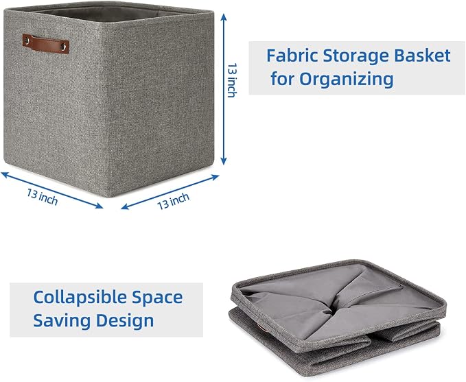 Temary Storage Baskets 13 Inch Fabric Storage Cubes for Shelves Set of 4 Storage Cube Bins for Home, Office, Storage Organizers for Toys with Leather Handles(Grey) - Image 7