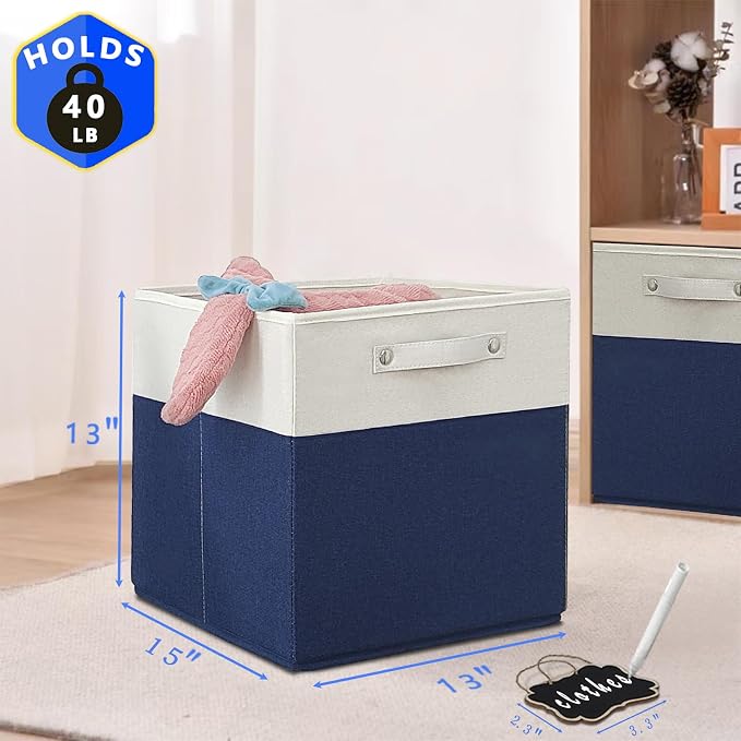 13x15x13 storage cube bins,Set of 4 Collapsible Fabric Storage Cubes with Labels,Linen Cube Storage Organizer Bins Kallax Storage Cubes for Organizing Home,Shelves,Cabinet,Clothes(White Blue). - Image 5