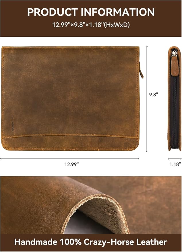 Genuine Leather Portfolio, Professional Padfolio Binder Organizer with Zipper, Stylish Brown Cowhide Padfolio for Men Women, Leather Folio Folder for Business, Legal A4/Pad Holder Compatible - Image 2
