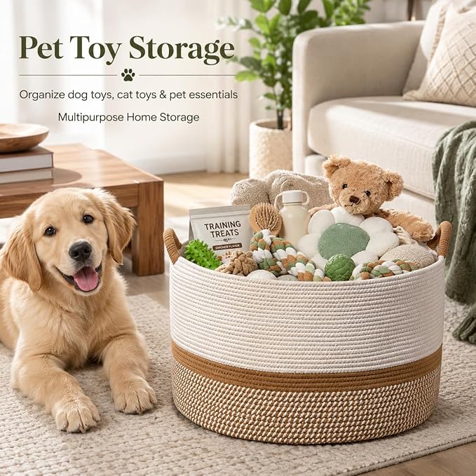 KAKAMAY Large Blanket Basket with Handles, Storage Basket for Living Room | Extra Large Capacity | Blanket Storage | Laundry Basket | Natural Cotton Rope | Stuffed Animal Storage | Woven Storage Basket - Image 4