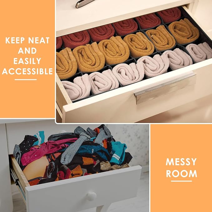 3 Pack Sock Underwear Organizer Dividers, 64 Cell Fabric Foldable Cabinet Closet Organizers and Storage Boxes for Storing Socks, Underwear, Ties (16+24+24 Cell, Black) - Image 3