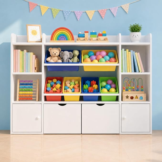 Xilingol Kids Storage Organizer W/6 Removable Bins, 4-Tier Organizers W/6 Storage Cubbies and 2 Movable Drawers, Kid Bookshelf and Storage for Playroom, Bedroom, Kids Room (Multicolor) by Xilingol