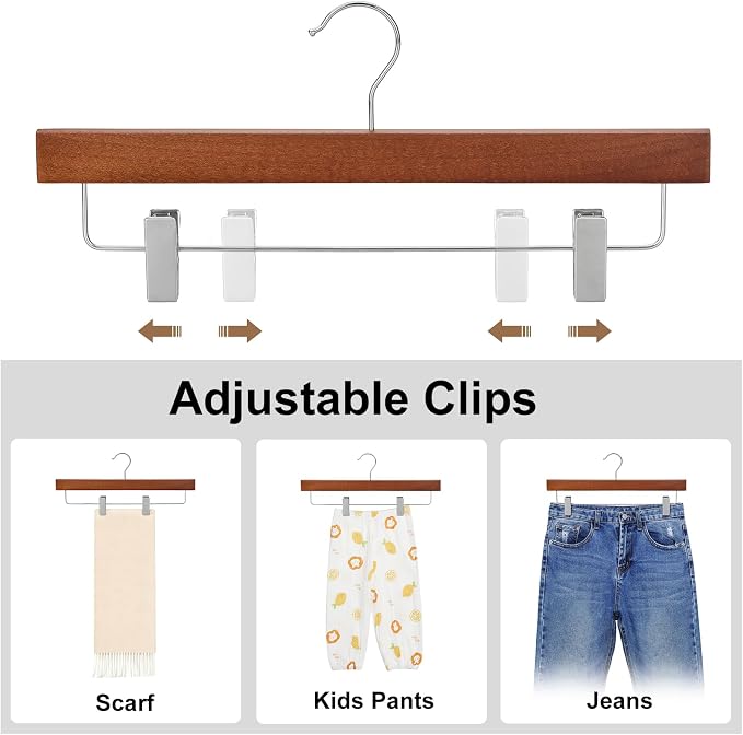 TOPIA HANGER Lotus Wood Pants Hangers, Walnut Wooden Skirt Short Jeans Trouser Hanger with Smooth Surface 360° Swivel Hook Anti Rust 2 Adjustable Clips, 10 Pack CT10PWA - Image 6