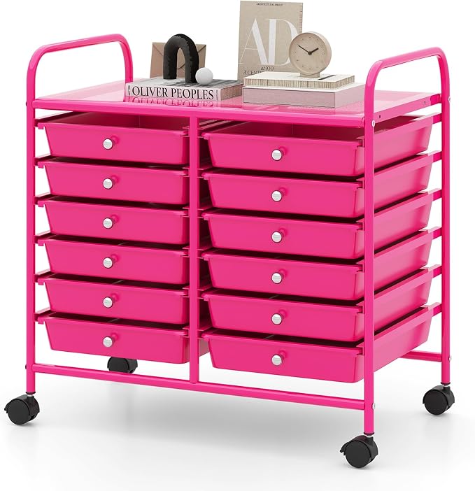 RELAX4LIFE 12-Drawer Rolling Storage Cart - Mobile Utility Cart on Wheels for School Classroom Teacher Office Salon, Paper File Art Supply Craft Organizer, Rolling Cart with Drawers (Hot Pink) by RELAX4LIFE