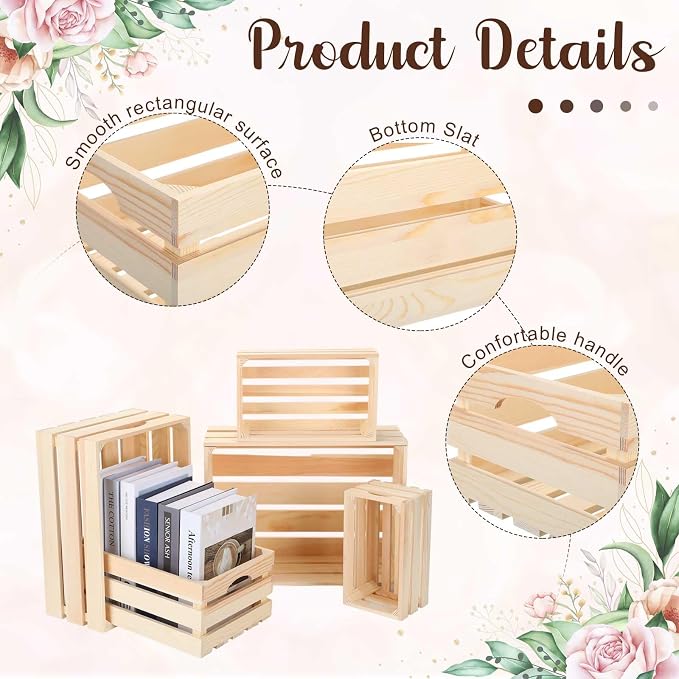 Soaoo 5 Pcs Decorative Nesting Wooden Crates for Storage Display 5 Size Large Small Rustic Wood Decorative Storage Crates with Handle Farmhouse Crate Box Container Made from Pine(Natural Color) - Image 3