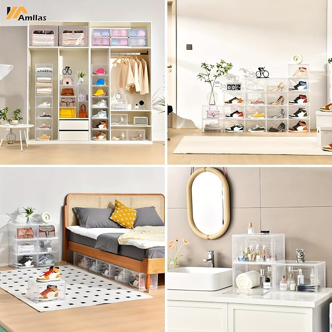 Amllas 8 Pack Shoe Boxes Clear Plastic Stackable, Large Shoe Storage Organizer with Lids,Drop Side Shoe Containers for Entryway,Sneaker Storage Fit up to US Size 13 (13’’x 10.6”x 8.3”) - Image 6