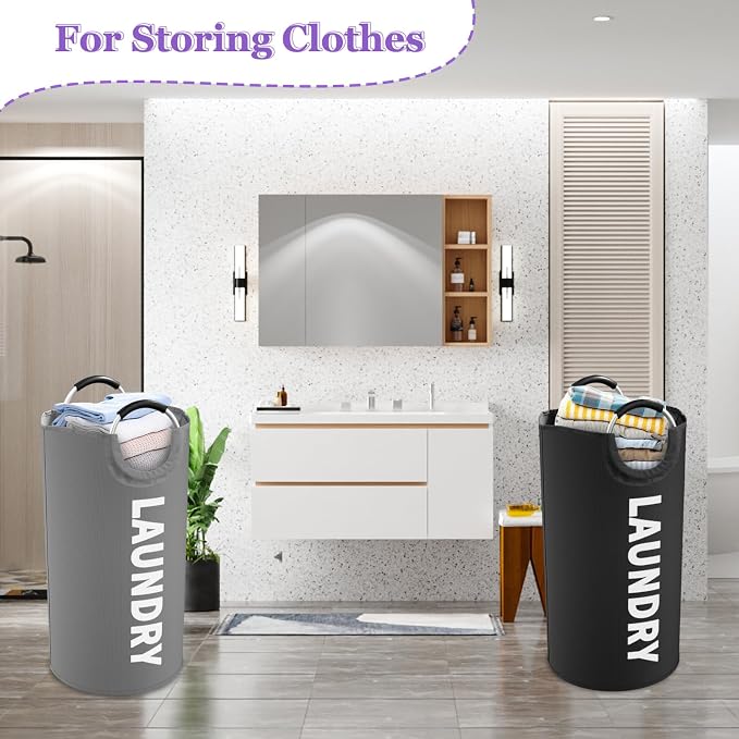 2Pcs Folding Clothes Basket with Handles, Large Laundry Basket for Family | IHOMAGIC 95L Stand-alone Dirty Clothes Hamper, Portable Laundry Bin, Storage Basket for Hotel, Dorm, Apartment, Grey+Black - Image 4