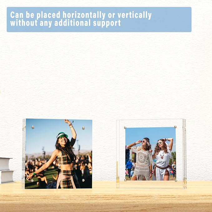 HELPLEX 2 Pack 8x8 Acrylic Picture Frames, 24mm Thicker Square Frameless Clear Frame Double Sided Magnetic Frame, Free Standing Desktop Display Stand Acrylic Frames - Image 6