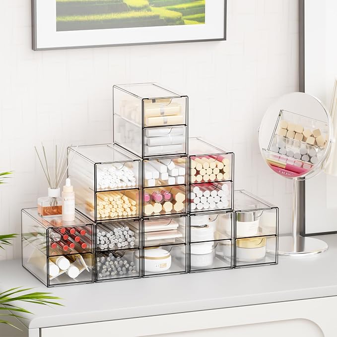 9 Pack Small Acrylic Drawers With 18 Drawers,Clear Drawer Organizers Stackable,School,Office Supplies Organizer And Storage Bins for Stationery,Pen,Pencil,Craft,Glasses,Sunglass Organizer Case - Image 8