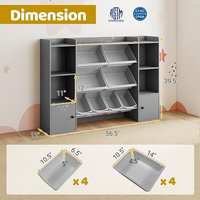 Costzon Kids Toy Storage Organizer w/ 8 Bins, Wooden Toddler Bookcase w/Open Shelves & Cabinet, Multifunctional Toy Storage Cabinet for Kids Room, Nursery & Playroom - Image 3