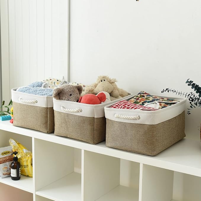 Storage Basket for Organizing - 16x12x8 inch Large 3 Pack Collapsible Storage Bin for Shelves with Handles, Fabric Storage Cubes for Organizer Cloth Gift Toy Closet (Whiet & Khaki) - Image 5