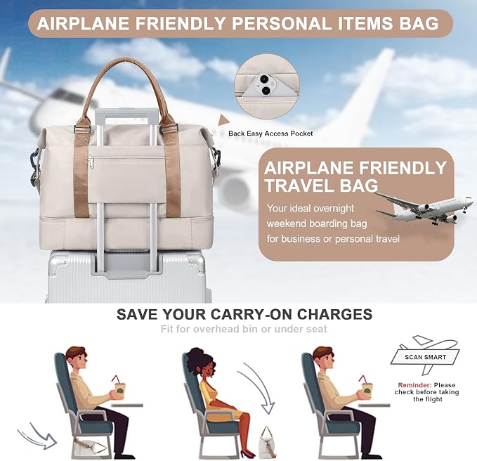 Weekender Bags for Women, Carry-On Overnight Travel Duffel Bag | Travel Bag with Shoes Compartment & Toiletry Bag, Extra Large, 3 Pcs Set - Image 6