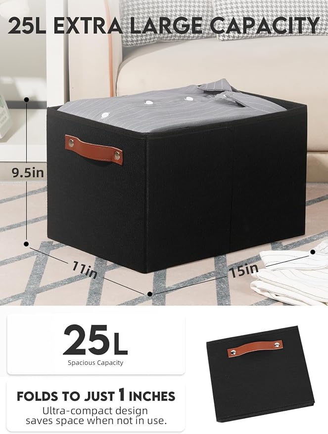 Fabric Storage Bins (15x11x9.5”) – Reinforced 2.5mm Cardboard Shelf Bins with PU Leather Handles – [6-Pack] Durable Storage Baskets for Closet Organization, Toy Organizer, & Home Office – Black - Image 2