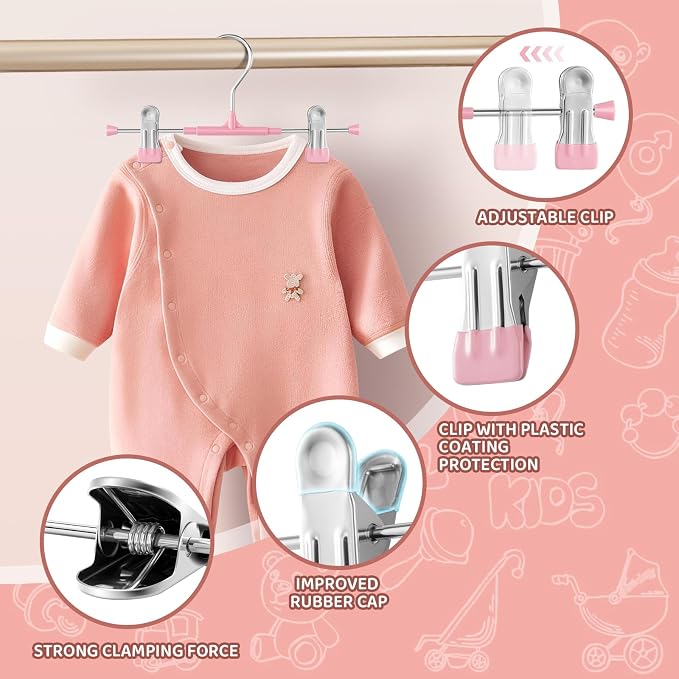 HUADYMEET 10 Inch Kids Pants Skirt Hangers with Clips,Toddlers,Pink,30 Pack | Space Saving,Adjustable,Non Slip,Metal Hanger for Closet Organization Jeans Shorts,For Baby,Toddler,Children - Image 3