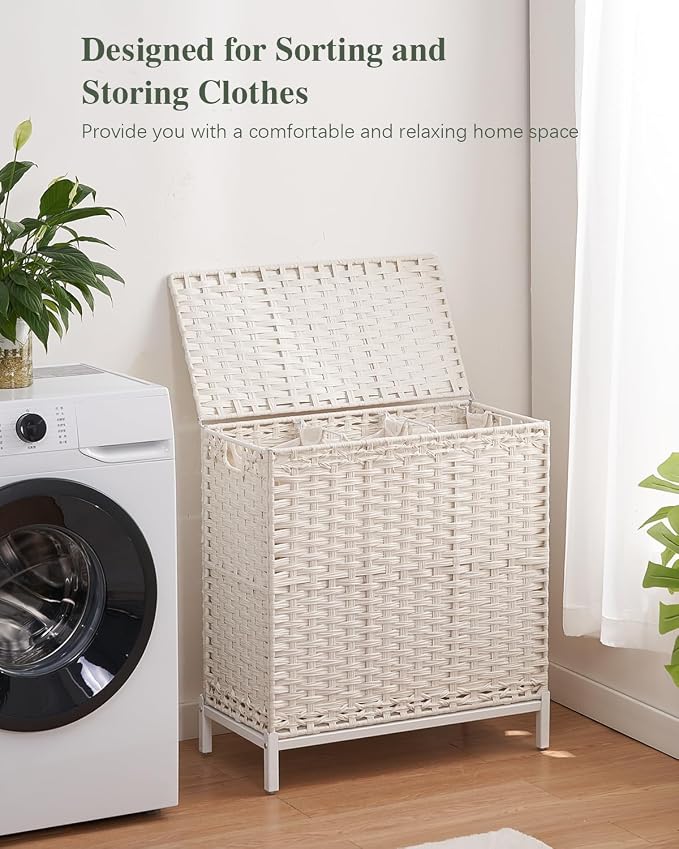 SETVSON Laundry Hamper with Lid, Large 132L Rattan Basket, White | 3-Section Large 35 Gal Clothes Hamper, 3 Removable Bags, Heightened Metal Feet, 6 Mesh Laundry Bags, Steel Frame - Image 6