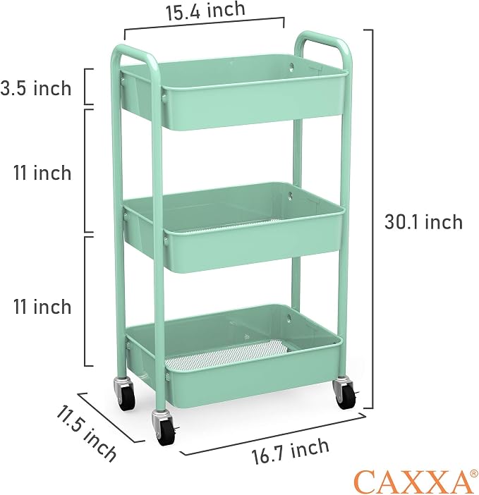 CAXXA 3-Tier Rolling Metal Storage Organizer - Mobile Utility Cart, Kitchen Cart with Caster Wheels (Aqua Green) - Image 2