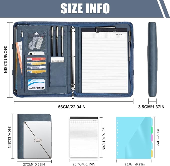 Portfolio Binder 3 Ring Includes Pen and 5 Dividers with 10 Pockets, Padfolio Organizer with Magnetic Handle for Men and Women, Includes A4 Notepad for Business, School, Work - Image 2