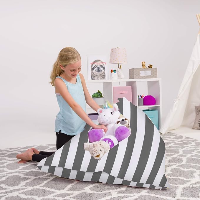 Posh Creations Stuffed Animal Storage Bean Bag Chair Kids, Teens and Adults-Stuffie Seat Cover ONLY, 200L-Large, Canvas Stripes Gray and White by PoshCreations