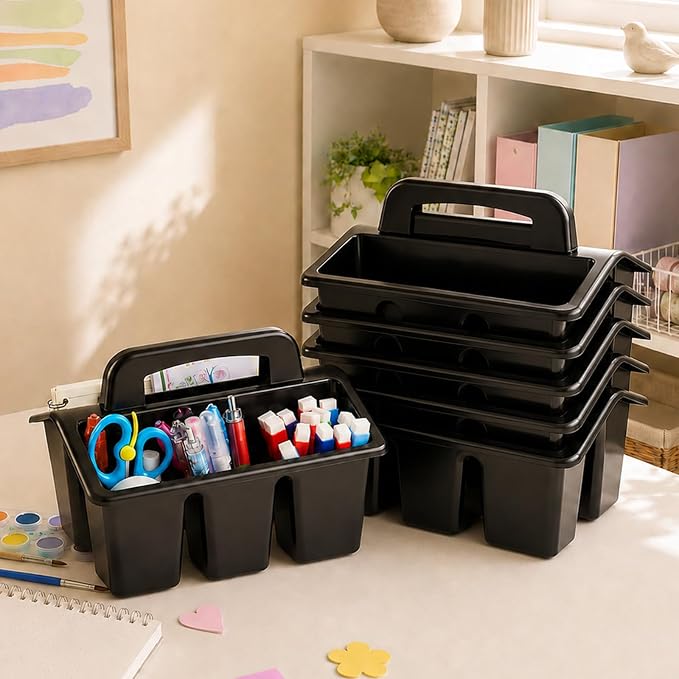 gisgfim 8 Pack Classroom Caddy Storage Basket with Handle 4 Compartment Storage Caddy Plastic Arts Crafts Caddies Protable Classroom Craft Caddies for Kids Schools Art Craft Supplies(Black) - Image 4
