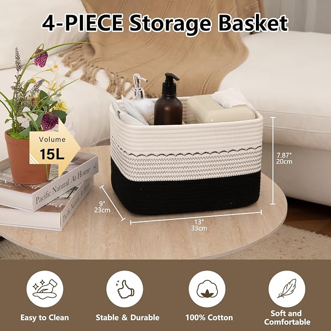 OIASKET 4 Pack Storage Baskets for Organizing, 13"X9"X7.87", Decorative Cotton Rope Baskets for Shelves, Small Woven Basket for Toys, Books and Towels, Black & White - Image 3