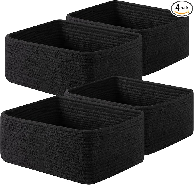 OIAHOMY 4 Pack 14.17 * 11.02 * 6.3IN Storage Baskets for Organizing Shelves, Woven Rope Baskets for Organizing Books, Clothes, Decorative Basket for Living Room, Nursery, Bedroom, Gift Basket, Black by MasterofSpaceOptimization