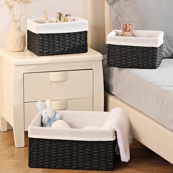 Storage Basket, 3-Pack Woven Paper Rope Wicker Baskets for Storage with Handles, 15 Inches Large Cube Storage Bins Woven Storage Baskets with Liners for Shelves Organizing & Decor, Black - Image 6